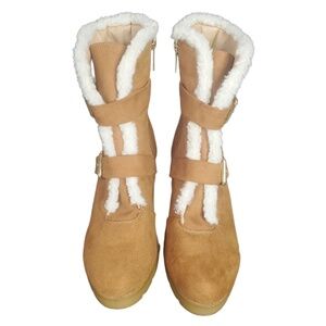 12 Thompson Tania Faux Shearling‎ Multi Strap Buckle Chunky Heel Boots Tan 9